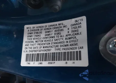 2015 Honda Civic Lx from USA, damaged, VIN 2HGFB2F50FH542997